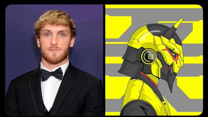 A side-by-side image of Logan Paul in a black tuxedo next to a yellow Gundam-style mech character, likely referencing the Azuki anime NFT collaboration.