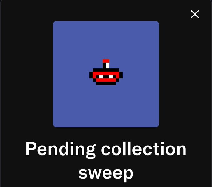 A notification popup on a dark background displays a pixel art submarine icon on a blue square, accompanied by the text "Pending collection sweep" and a close (X) button in the top right corner, visually confirming the user's message that 50 Compas (NFTs) have just been swept.