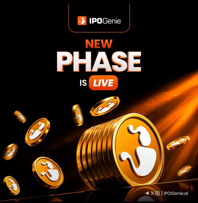 A promotional graphic for IPO Genie announces that a 'NEW PHASE IS LIVE' featuring 3D gold coins with the platform's logo against a dark background with social handles @IPOGenie.ai.