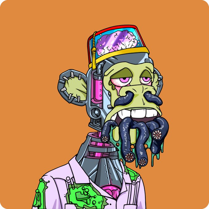 A cartoon-style illustration of a cyborg or robotic figure with an exposed brain, octopus-like tentacles emerging from its mouth, and green slime, set against an orange background.