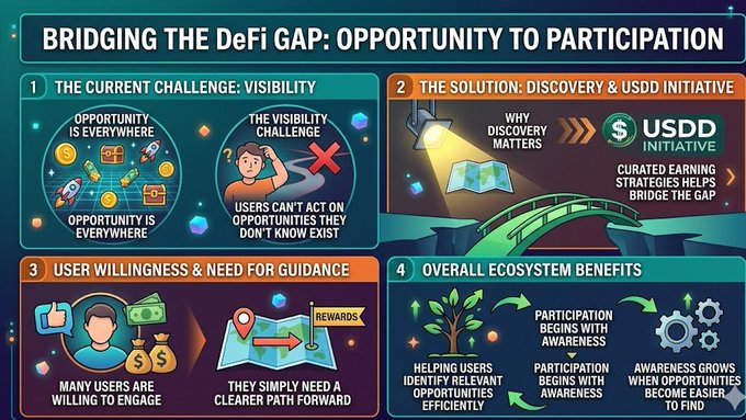 A colorful poster showing a person holding a map, indicating opportunities for exploration within the DeFi ecosystem. It explains that user visibility plays a crucial role in discovering opportunities and that users can't act without being aware of these opportunities. The post mentions two initiatives, one by the US dollar central bank, which caught its attention due to its focus on curated opportunities related to cryptocurrencies.