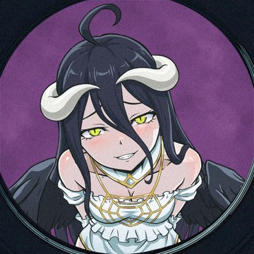 An anime-style illustration of a dark-haired character with yellow eyes, a curled ahoge, and gold jewelry, framed within a circular purple border.