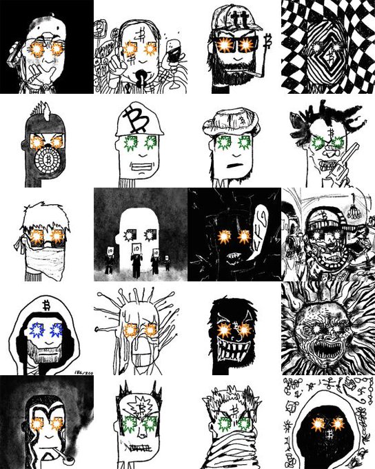A grid of black and white cartoon illustrations depicting various unsettling, crudely drawn character faces with glowing star-shaped eyes in orange and green colors.