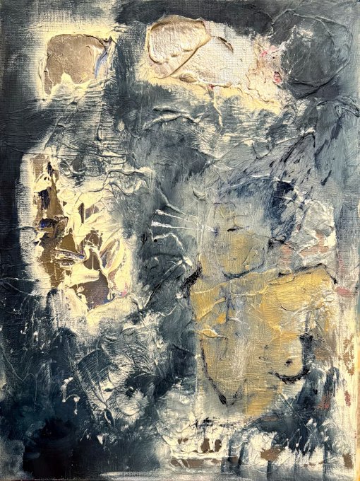 An abstract painting featuring heavy textured brushstrokes in shades of gray, white, beige, and gold.