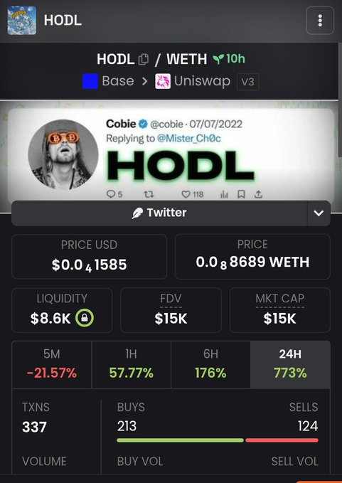 A mobile app screenshot showing the HODL/WETH token pair on Base via Uniswap V3, with a price of $0.041585, market cap of $15K, and a 773% gain in 24H.
