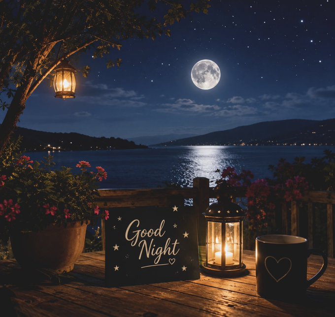 A serene nighttime scene with a full moon over water, featuring a 'Good Night' sign, a lantern, a mug with a heart, and flowers on a wooden terrace.