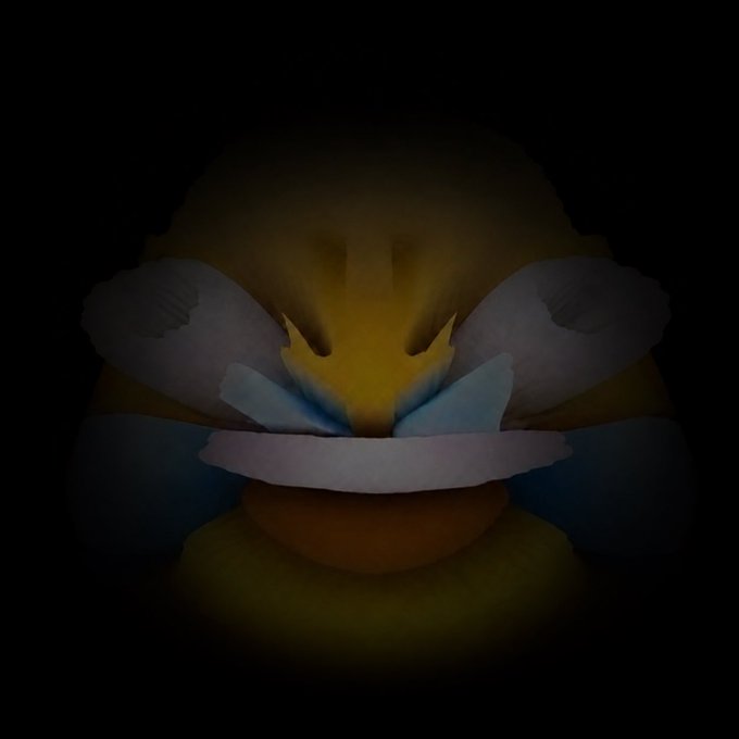 urn of a yellow and blue flower with white petals, set against a black background.
