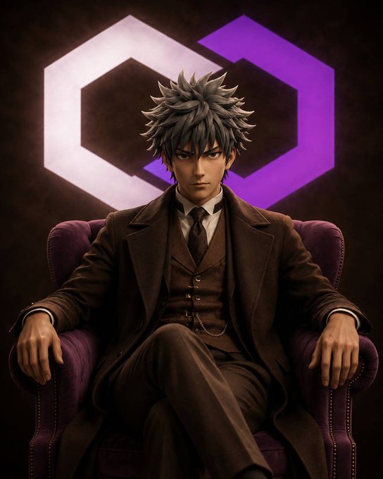 A young man with spiky gray hair in a brown three-piece suit sits confidently in a purple armchair, set against a dark background featuring a purple hexagonal "Lynk" logo. The image visually embodies the post's description of Lynk as a bold, distinctive "everything app" standing apart from typical Solana projects.