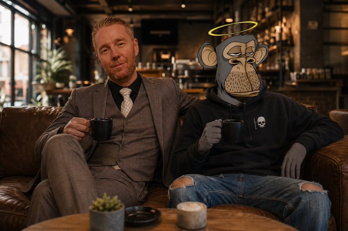 A man in a gray suit and tie sits on a brown leather couch next to a cartoon Bored Ape NFT character wearing a black hoodie and yellow halo, both holding coffee mugs.