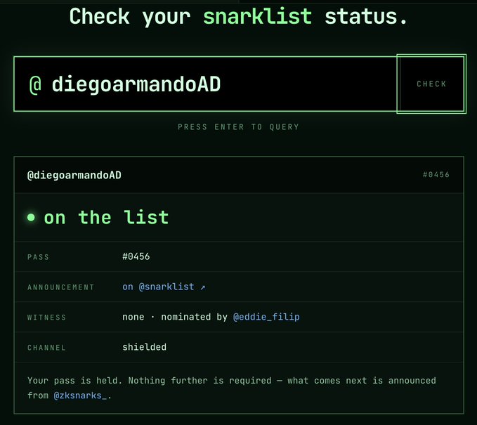 A 'snarklist' status check interface showing the username '@diegoarmandoAD' is 'on the list' with pass #0456, displayed in a green and dark terminal-style design.