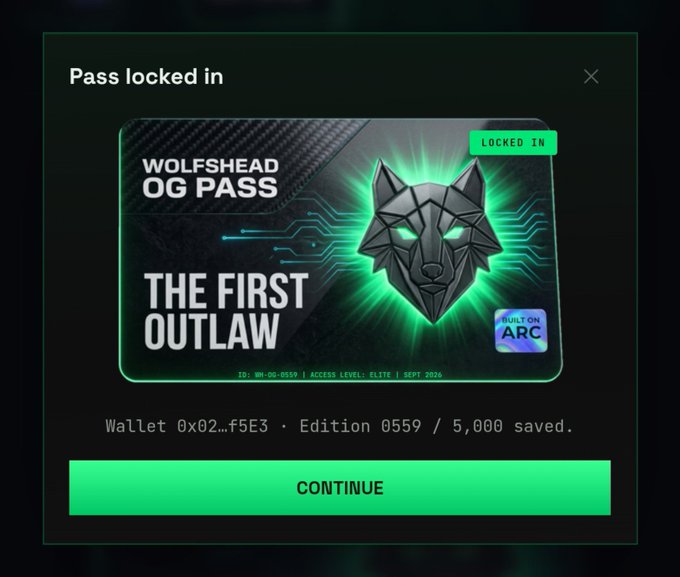 A digital confirmation screen reading 'Pass locked in' for a 'WOLFSHEAD OG PASS - THE FIRST OUTLAW' NFT, showing 'Wallet 0x02...f5E3 · Edition 0559 / 5,000 saved.'