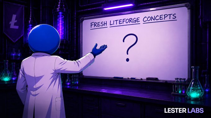 A blue-headed cartoon character in a lab coat standing at a whiteboard reading 'FRESH LITEFORGE CONCEPTS' with a large question mark, set in a laboratory with glowing beakers and the 'LESTER LABS' logo.