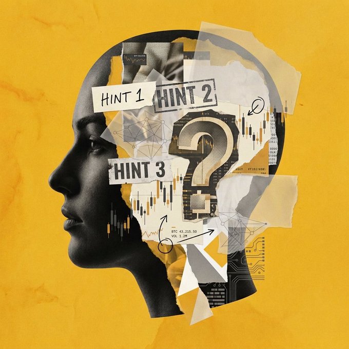 A silhouetted profile of a head filled with collage-style elements including "HINT 1," "HINT 2," "HINT 3," a large question mark, stock charts, and BTC 43,215.50 trading data, symbolizing the convergence of three separate clues into a unified answer—the "one mind" the puzzle has been hinting at.