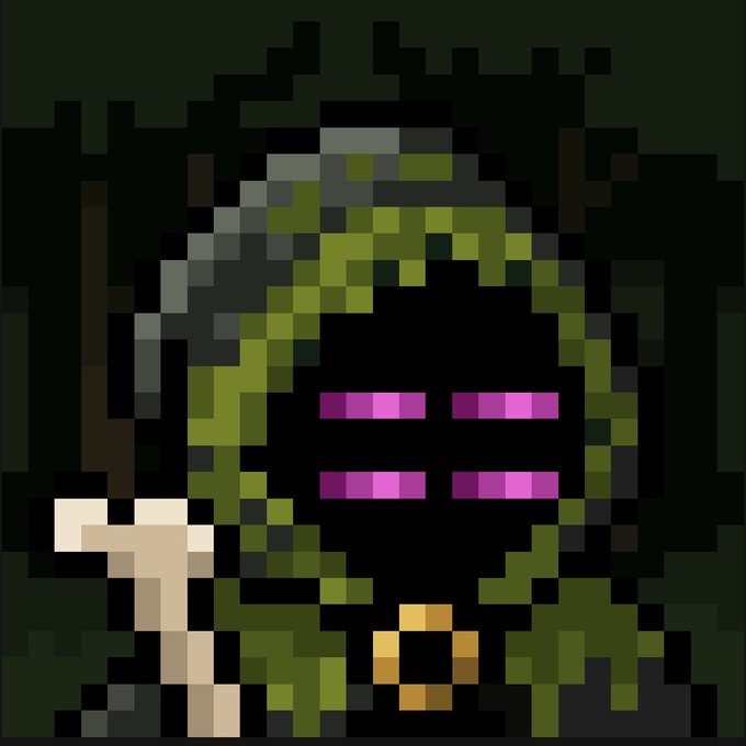 A pixel art rendering of a hooded figure in dark green with glowing pink/magenta eyes, holding a bone, resembling a fantasy or RPG character.