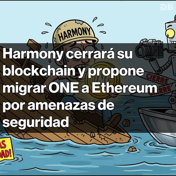 A cartoon illustration with Spanish text: 'Harmony cerrará su blockchain y propone migrar ONE a Ethereum por amenazas de seguridad,' depicting a distressed soldier in a boat.