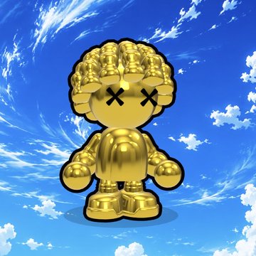 A shiny golden KAWS-style figure with signature X-shaped eyes standing against a blue sky with scattered clouds.