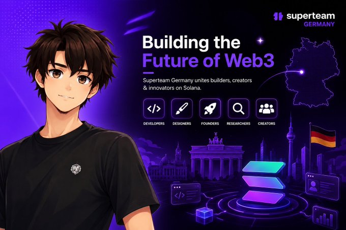 The image features a cartoon boy standing next to a poster promoting Web3. The poster includes various icons related to Web3, such as a rocket ship, a flag, and a city skyline. The text on the poster encourages people to join the Web3 community by connecting with @SuperteamDE, which is part of the global Superteam network. The boy in the image appears to be interested in learning more about Web3 or joining this community.