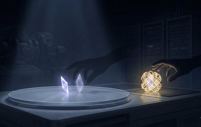 A digital artwork depicts two hands reaching toward glowing geometric objects—one emitting blue light and the other gold—on a circular platform in a dimly lit technological room.