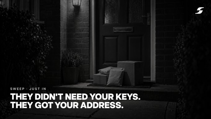 A dark, shadowy image shows packages left on a doorstep in front of a black front door, with white text reading "SWEEP · JUST IN — THEY DIDN'T NEED YOUR KEYS. THEY GOT YOUR ADDRESS." The visual reinforces the post's warning: Trezor's data breach exposed 67,000 customers' home addresses to potential physical threats, illustrating that self-custody security isn't just about protecting digital keys but also about shielding one's physical location from being tied to crypto ownership.