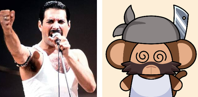 A side-by-side meme image showing Freddie Mercury singing intensely into a microphone next to a cartoon monkey character wearing a bandana and a knife on its head.