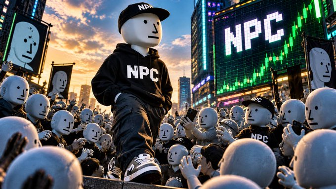 An AI-generated scene depicting a crowd of identical white-faced characters wearing 'NPC' merchandise, gathered around a central figure in a black 'NPC' hoodie in a Times Square-like setting.