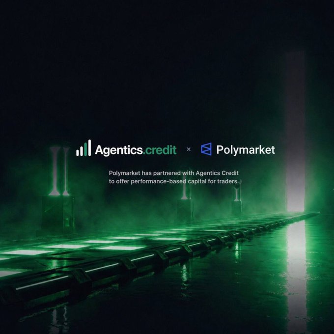 A promotional graphic with green atmospheric lighting showing a partnership between Agentics.credit and Polymarket, with text reading 'Polymarket has partnered with Agentics Credit to offer performance-based capital for traders.'