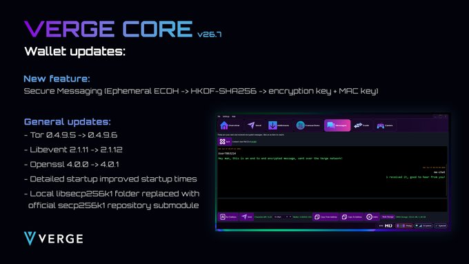 A Verge Core v25.1 wallet update announcement listing new secure messaging features and general updates including Tor, Libevent, and OpenSSL improvements.