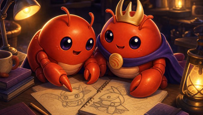 A stylized illustration of two red crab-like cartoon creatures, one wearing a crown and purple cape, sitting at a desk over sketches of similar characters.