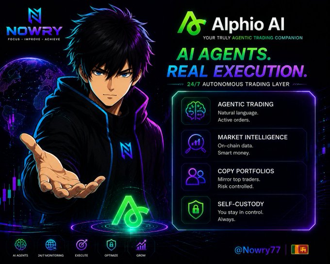 The image features an animated character with a black hoodie holding up his hand, surrounded by various icons representing different aspects of cryptocurrency trading. The text above the image reads "The future of crypto trading is shifting from simple automation to autonomous AI agents, and @AlphioAI is leading this evolution". This suggests that Alphio AI is at the forefront of the crypto trading industry's transformation, providing advanced trading solutions through the use of AI agents for real execution.