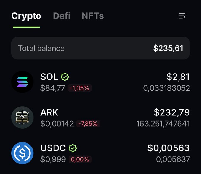 A black screen displays a list of cryptocurrency transactions, including "Crypto", "Defi", and "NFTS" with their respective values.