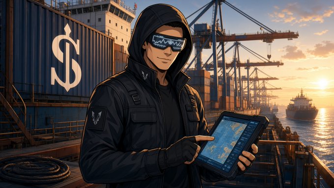An illustrated/AI-generated image of a hooded figure wearing dark visor glasses and tactical gear, holding a tablet showing a map, standing at a shipping port with a large container marked with a dollar sign ($), cranes, and a ship at sunset.
