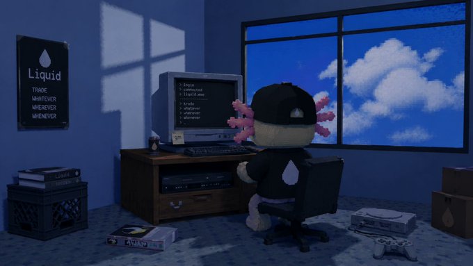 A 3D rendered scene of an axolotl character wearing a black cap and hoodie with a water drop logo, sitting at a computer desk in a blue room with a window showing sky and clouds, and a 'Liquid' poster reading 'TRADE WHATEVER WHENEVER' on the wall.