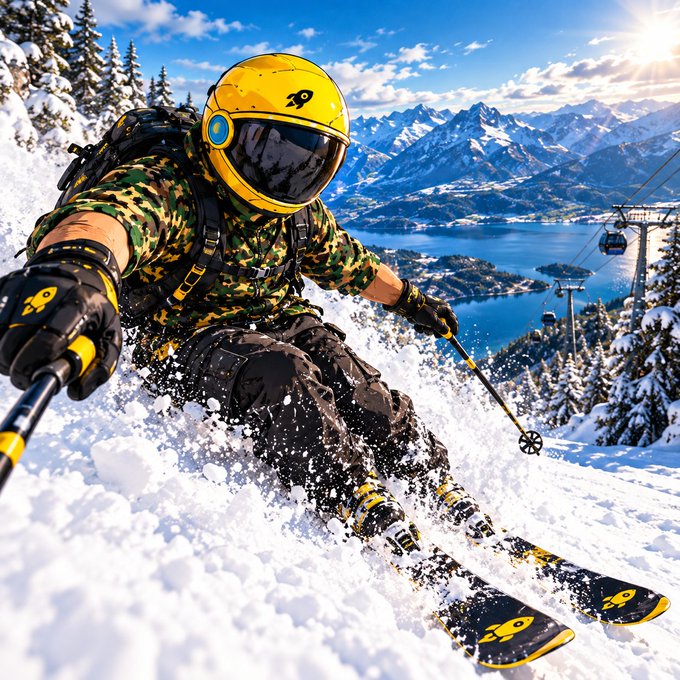 A skier in a yellow helmet, reflective goggles, and camouflage jacket carves through fresh powder snow with skis branded with the number '10', with a lake and mountain gondolas visible below.