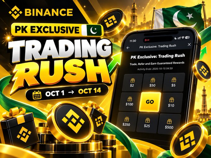 A promotional banner for Binance's "PK Exclusive: Trading Rush" campaign, running from October 1 to October 14, 2026, targeted at Pakistani users. The image features Binance coins, the Pakistani flag, and a mobile app screen showing a rewards grid with prizes ranging from $2 to $500, tied to the campaign's "Trade, Refer and Earn Guaranteed Rewards" activity.