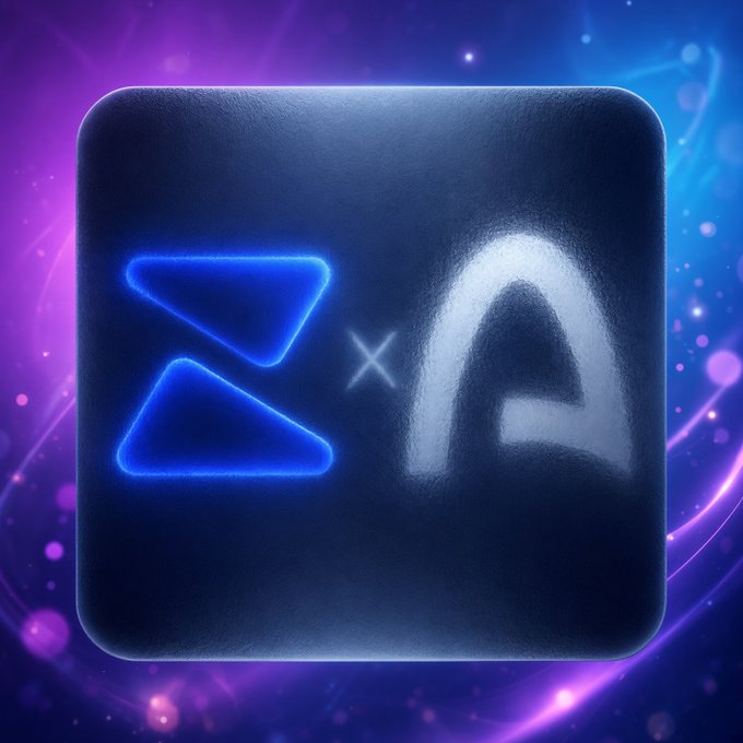 A digital graphic showing a glowing ZRO (LayerZero) logo next to a white 'A' shape, separated by an 'x', on a dark cushion against a purple cosmic background.