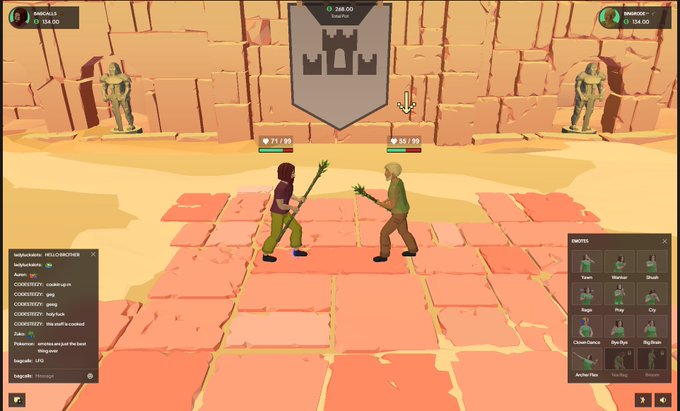 A screenshot from the Castle Arena game showing two low-poly characters fighting with weapons on a checkered orange platform, with player handles "DARKMAGE" and "VegetaRice" at 134.00 each, health bars at 71/99 and 55/99, and chat/emotes panels on either side. The image illustrates the Old School RuneScape-style arena battles mentioned in the tweet about Castle Arena's OSRS-inspired PvP matches and case battles.