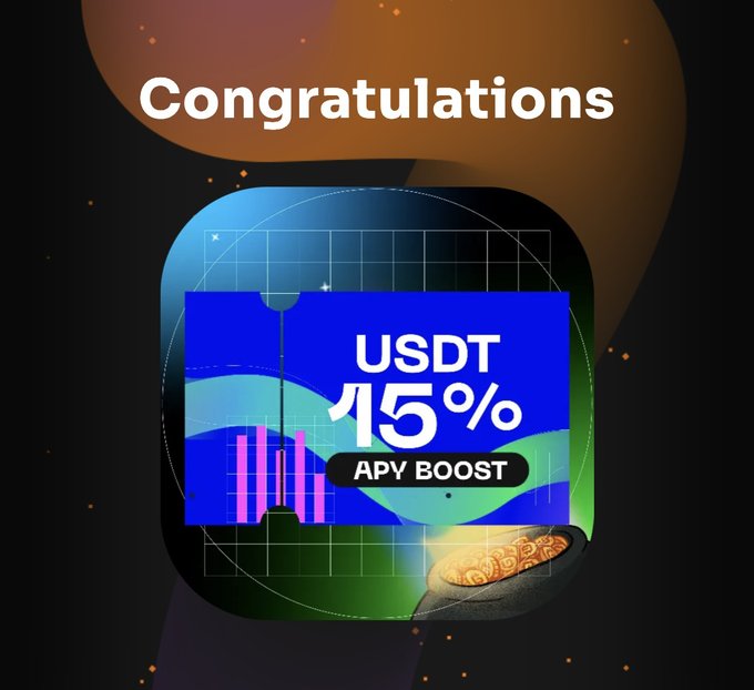 A 'Congratulations' screen displaying a 'USDT 15% APY BOOST' promotion with colorful graphics.