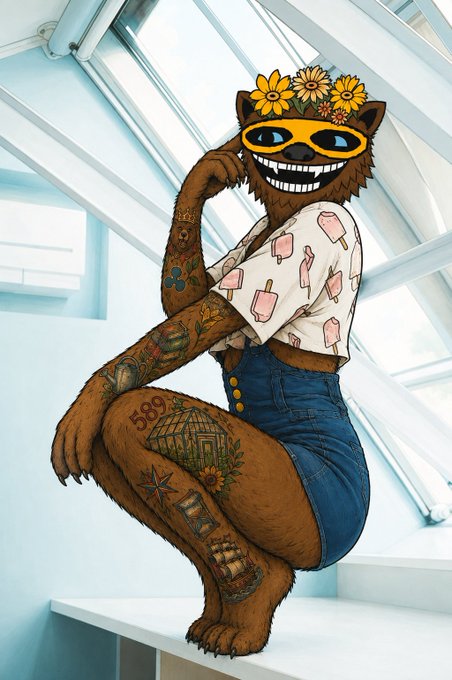 An anthropomorphic brown wolf character with sunflower accessories, wearing a popsicle-patterned crop top, denim shorts, and displaying various tattoos while sitting in a futuristic white interior.