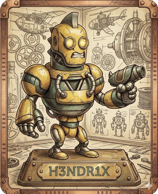 An illustrated, steampunk-style yellow robot stands on a pedestal labeled "H3NDR1X" in front of a backdrop featuring sketches of gears, helicopters, and other robot designs.