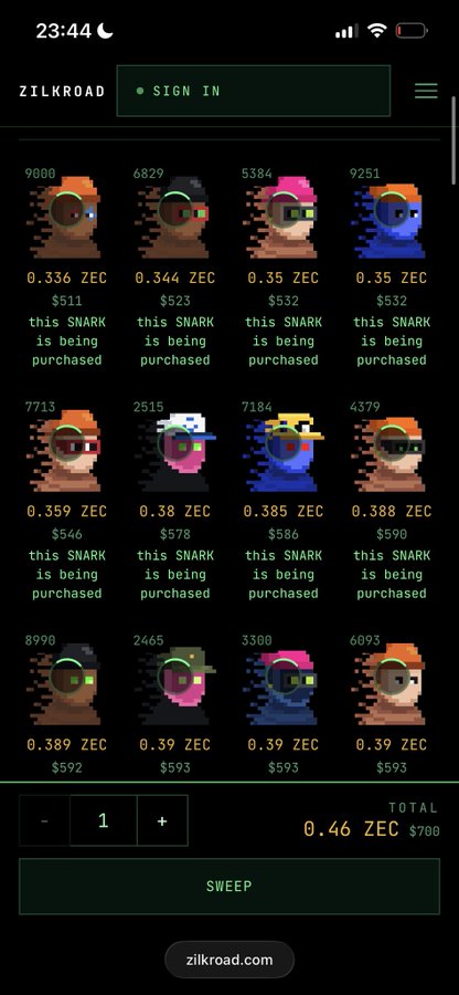 A mobile screenshot of the zilkroad.com website shows a marketplace of pixel-art SNARK avatars for sale, with prices listed in ZEC and USD, and a total of '0.46 ZEC $700'.