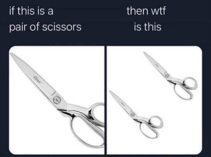 A meme showing two pairs of scissors side by side, captioned 'if this is a pair of scissors' on the left and 'then wtf is this' on the right, highlighting the difference in design between the two.