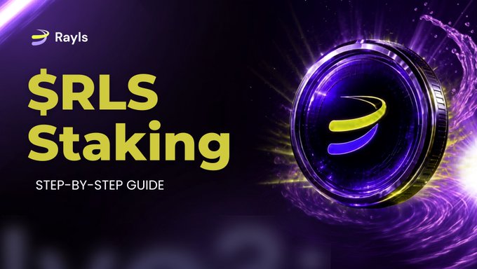 A promotional banner for 'Rayls $RLS Staking' displaying the text 'STEP-BY-STEP GUIDE' next to a glowing purple and gold coin.