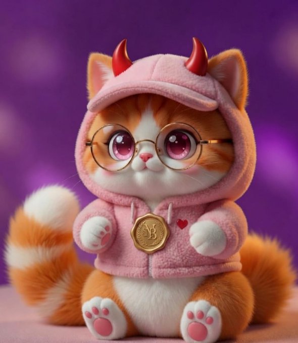 iced cat figurine, wearing a pink hoodie and red horns, sits on a purple background with gold accents.