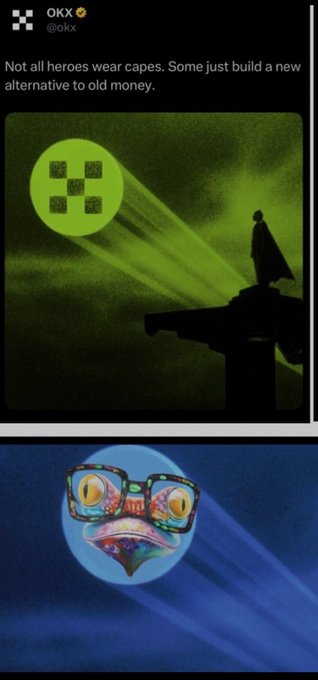 A tweet from OKX featuring the text 'Not all heroes wear capes. Some just build a new alternative to old money' above an image of a Batman-like silhouette with the OKX logo as a Bat-Signal, followed by a meme image of a chameleon with glasses.