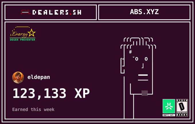 Pixel-art style graphic for DEALERS.SH / ABS.XYZ showing username 'eldepan' with '123,133 XP earned this week', featuring an 'Energy Degen Preventer' logo and ANTI BERNIE certification badge.