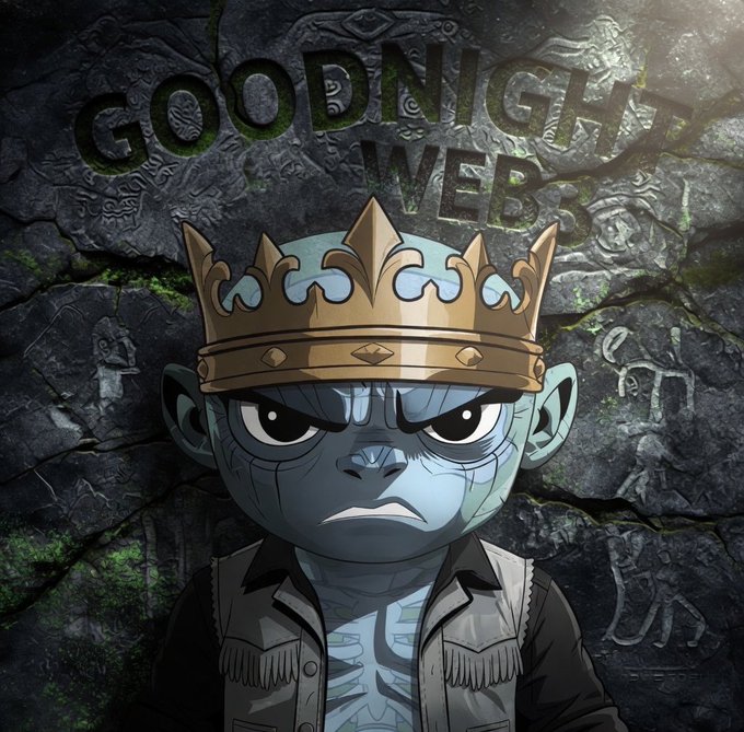 The image features a cartoon character wearing a crown, which appears to be made of stone or another material that resembles a skull. The character has a serious expression on their face as they look directly at the camera. In the background, there are some text elements such as "Goodnight Web" and "GN WEB3", suggesting that this image is related to a website or online platform.

The caption of the post reads: "Can I get a GN WEB3?". This indicates that the image might be promoting an online service or platform, possibly related to web design, web development, or other digital content creation services.