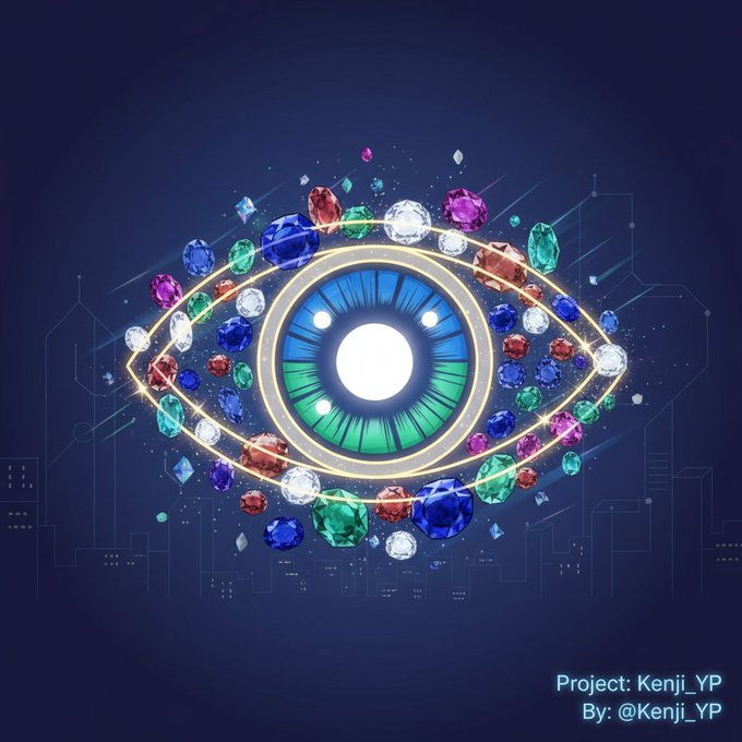 The image features a large eye with a blue center surrounded by an array of colorful gemstones. The eye appears to be glowing or radiating light, creating a striking visual effect against the dark background. The text accompanying the image reads "Project: Kenji YP" and "By: Kenji YP", indicating that this is likely a creative project or collaboration between two individuals.
