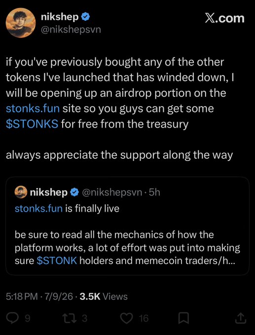 A tweet from Nikshep (@nikshepsvn) announcing that stonks.fun is live, offering an airdrop of $STONKS to holders of his previous tokens that have wound down. The accompanying post warns followers to claim the airdrop and dump it to recover losses from his past failed launches.