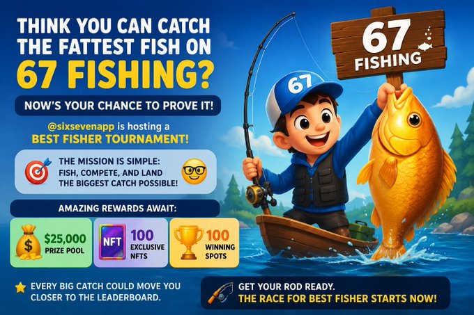 A colorful promotional graphic for '67 FISHING' advertises a fishing tournament with a $25,000 prize pool, 100 exclusive NFTs, and 100 winning spots, hosted by @sixsevenapp.