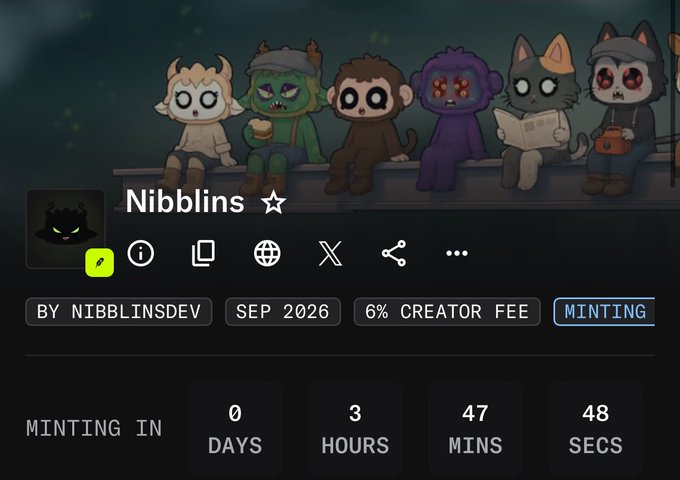 The image displays the OpenSea minting page for the "Nibblins" NFT collection by NibblinsDev, scheduled for September 2026 with a 6% creator fee and a countdown timer showing 0 days, 3 hours, 47 minutes, and 48 seconds remaining. The listing features six cartoonish character illustrations sitting on a ledge, aligning with the post's announcement of an upcoming NFT mint with a supply of 10,000 at 0.0029 ETH on OpenSea.